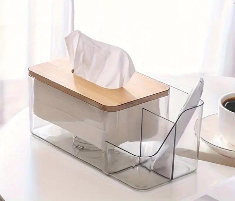 Kiwilon Tissues Paper Holder with 2 Remote Slot for Living Room I Platic Tissue Box Holder for Kitchen with Bamboo Lid I Paper Napkin Holder for Dining Table (Clear) - Image 5