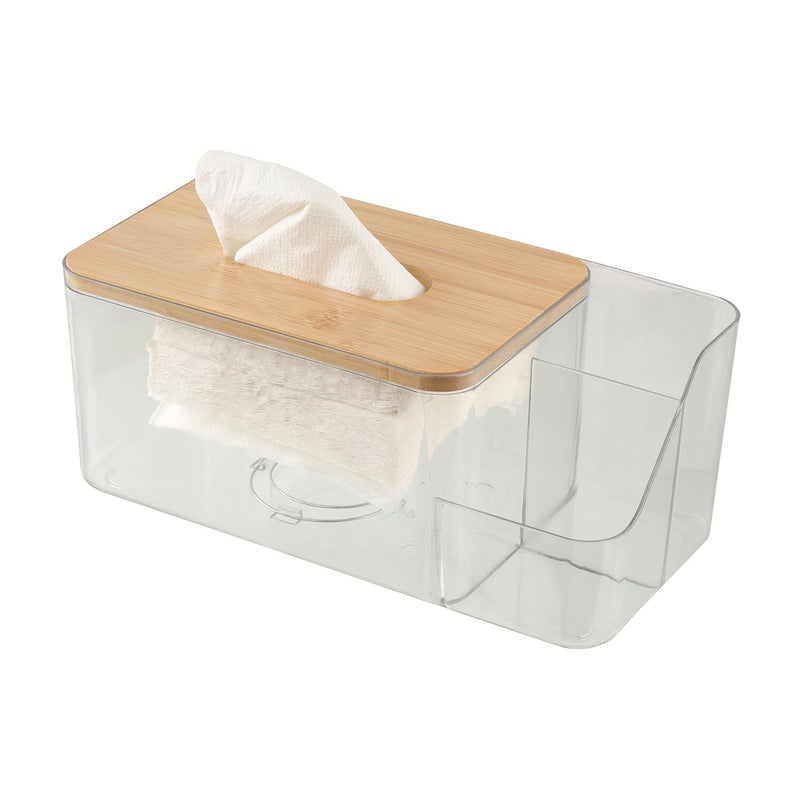 Kiwilon Tissues Paper Holder with 2 Remote Slot for Living Room I Platic Tissue Box Holder for Kitchen with Bamboo Lid I Paper Napkin Holder for Dining Table (Clear) - Image 1