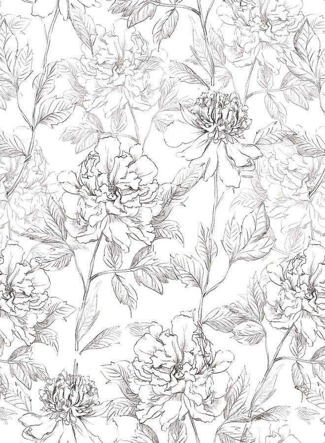 JiffDiff Black and White Floral Wallpaper Peonies Removable Peel and Stick Floral Wallpaper Sketched Floral Self-Adhesive Prepasted Wallpaper Wall Decor (Sketched Floral (17.3" x 118") - Image 1