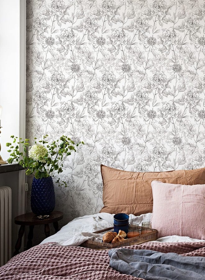 JiffDiff Black and White Floral Wallpaper Peonies Removable Peel and Stick Floral Wallpaper Sketched Floral Self-Adhesive Prepasted Wallpaper Wall Decor (Sketched Floral (17.3" x 118") - Image 2
