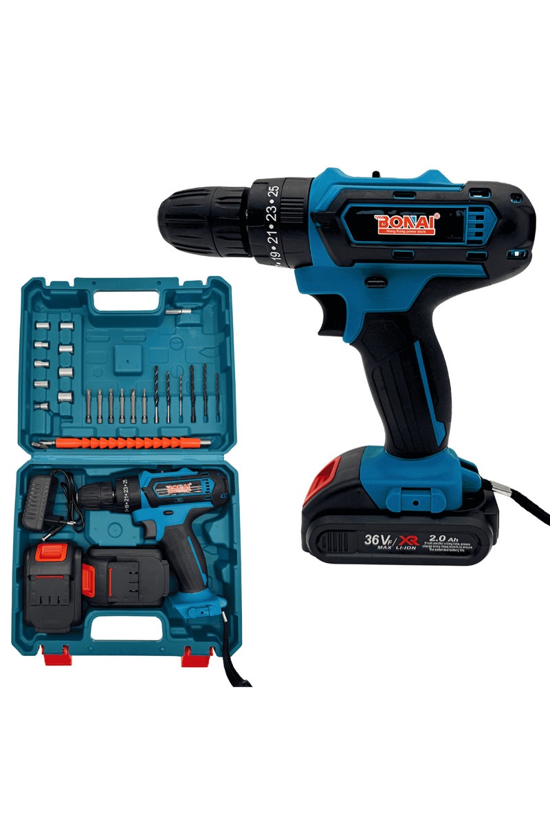BONAI BN-HK62 Cordless Drill Driver 36VF 2.0Ah Li-Ion Battery, 40N·m Torque, 10mm Chuck, 2-Speed 0-350/0-1400 RPM, Variable Speed, LED Light, Compact Electric Screwdriver Kit - Image 1