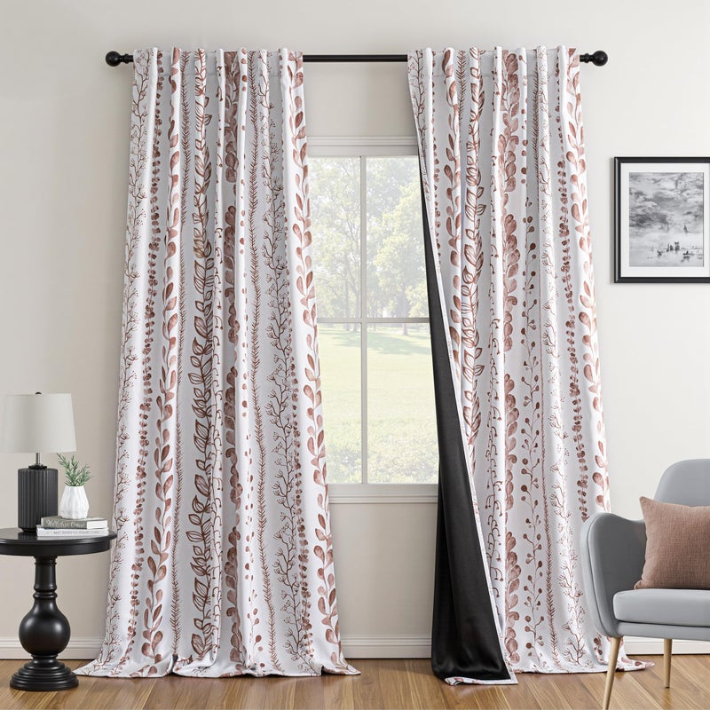 MEETSKY Boho Brown Blackout Curtains for Bedroom, Thermal Insulated Privacy Protection Back Tab Curtains 84 Inches Length for Living Room, Leaf Pattern, 2 Panels, 50" Wide Each - Image 2