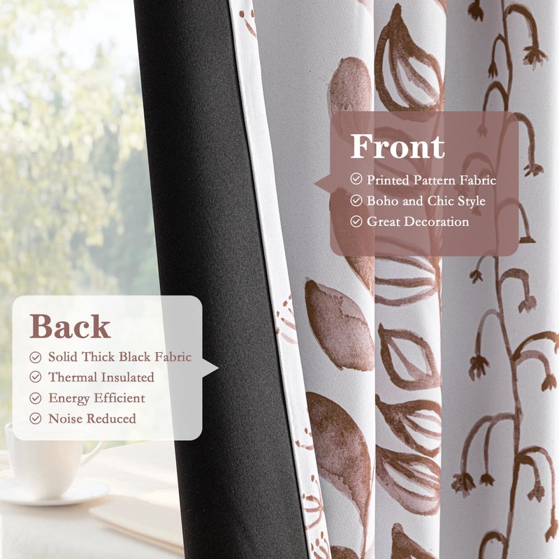 MEETSKY Boho Brown Blackout Curtains for Bedroom, Thermal Insulated Privacy Protection Back Tab Curtains 84 Inches Length for Living Room, Leaf Pattern, 2 Panels, 50" Wide Each - Image 5