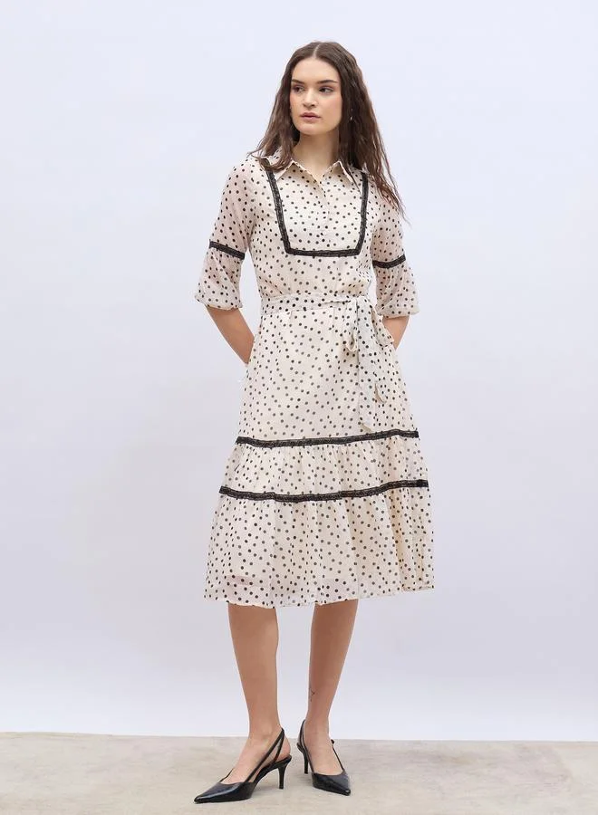 Styli Polka Dot Print Collared A-Line Midi Dress with Lace Detail