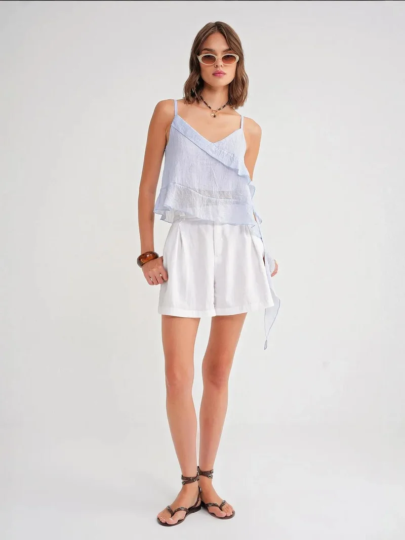 MixRay Baby Blue Mixray Frilly Textured V-Neck Crop Top for Women | Best Price UAE