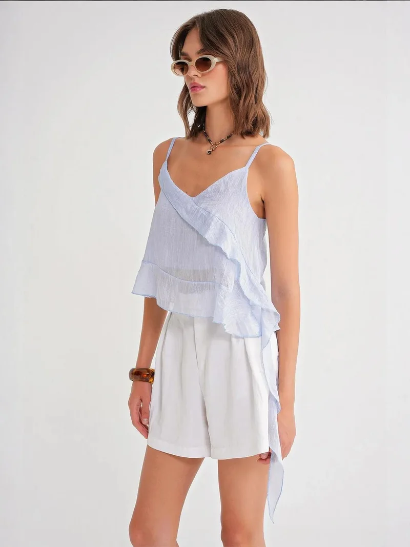 MixRay Baby Blue Mixray Frilly Textured V-Neck Crop Top for Women | Best Price UAE