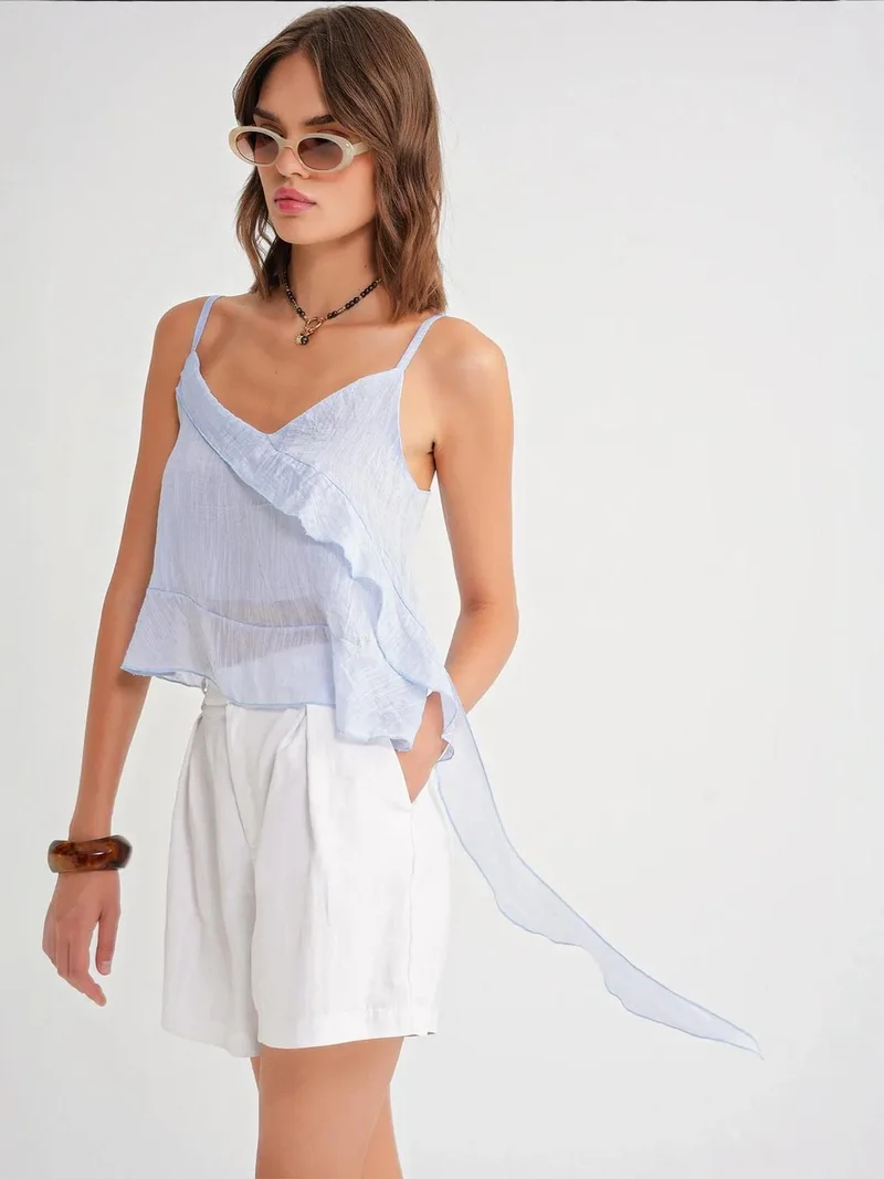 MixRay Baby Blue Mixray Frilly Textured V-Neck Crop Top for Women | Best Price UAE