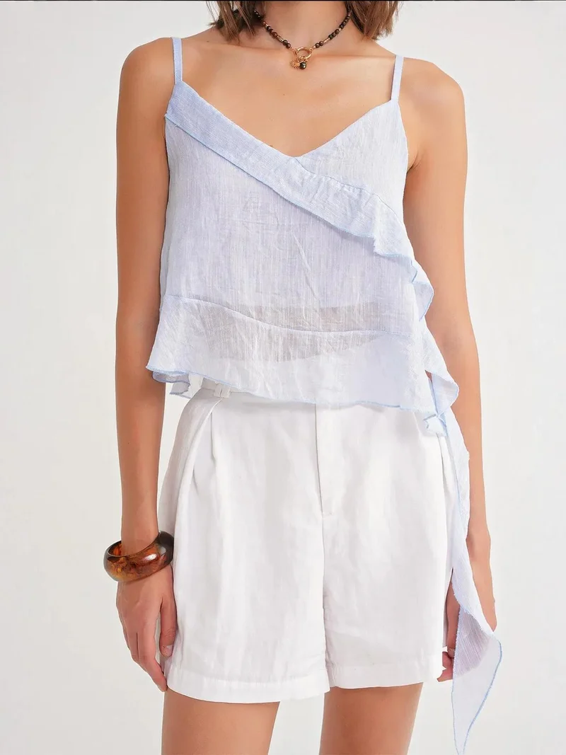 MixRay Baby Blue Mixray Frilly Textured V-Neck Crop Top for Women | Best Price UAE