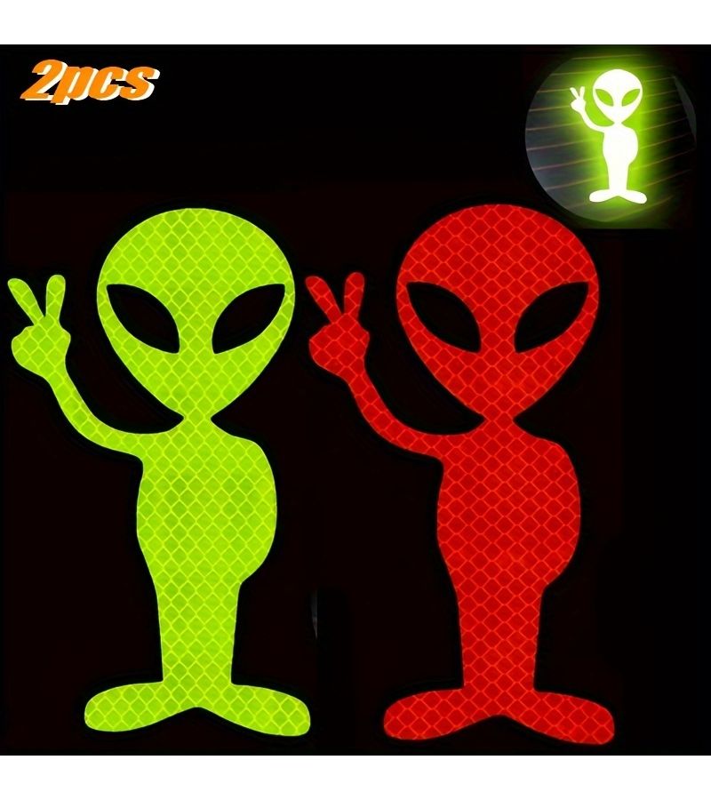 2 Pcs Green Red Alien Sticker Highly Reflective Motorcycle Vinyl Decals Fashionable Peace Sign Accessories Sunscreen - Image 1