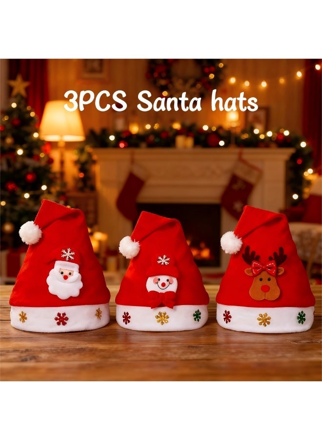 ووفيكسر 🎄🎄🎅❄️ 3 قطع من قبعات سانتا القطيفة - قبعة سانتا الكريسماس مع سانتا كلوز ورنة ورجل ثلج وزينة عيد الميلاد لمستلزمات حفلات العطلات الاحتفالية - Image 1