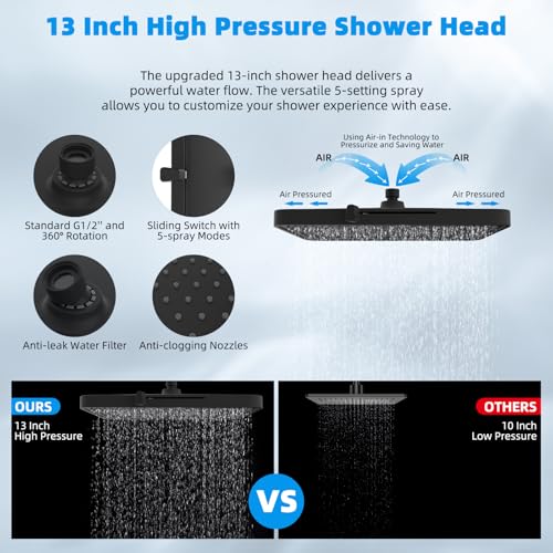 Hibbent Upgraded 5-spray 13'' Shower Head, High Pressure Rainfall Shower Head, Dual Showerhead Combo with 10-mode Handheld Spray, 12'' Adjustable Extension Arm, 71'' Hose, Shower Holder, Matte Black - Image 5