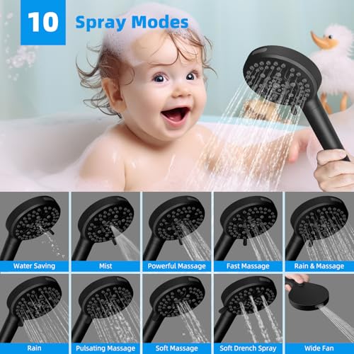 Hibbent Upgraded 5-spray 13'' Shower Head, High Pressure Rainfall Shower Head, Dual Showerhead Combo with 10-mode Handheld Spray, 12'' Adjustable Extension Arm, 71'' Hose, Shower Holder, Matte Black - Image 3