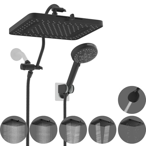 Hibbent Upgraded 5-spray 13'' Shower Head, High Pressure Rainfall Shower Head, Dual Showerhead Combo with 10-mode Handheld Spray, 12'' Adjustable Extension Arm, 71'' Hose, Shower Holder, Matte Black - Image 1