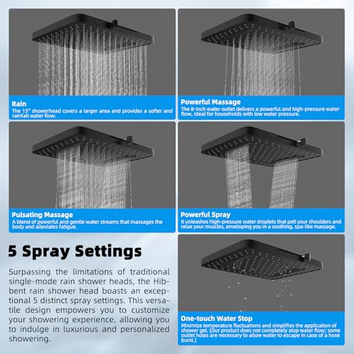 Hibbent Upgraded 5-spray 13'' Shower Head, High Pressure Rainfall Shower Head, Dual Showerhead Combo with 10-mode Handheld Spray, 12'' Adjustable Extension Arm, 71'' Hose, Shower Holder, Matte Black - Image 2