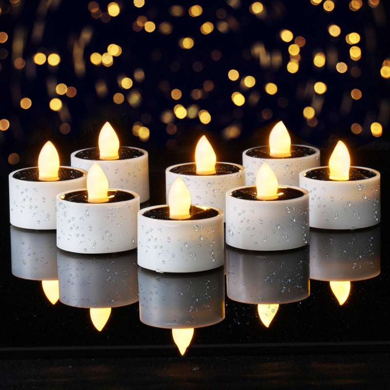 Homemory 8Pcs Solar Tea Lights Outdoor Waterproof Rechargeable Dusk to Dawn Lighting Flameless Flickering LED Votive Candles for Fairy Garden Decor Patio Tables Christmas Lanterns Windows