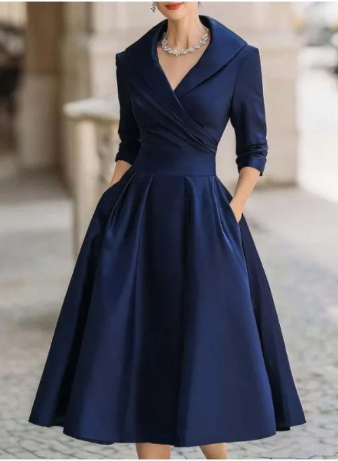 SCACTO Navy Blue Satin Midi Dress for Women - Elegant V Neck 3/4 Sleeve Formal Dress with Pockets, A Line Cocktail Party Gown, Vintage Business Work Dress for Wedding Guest Evening Occasions - Image 3