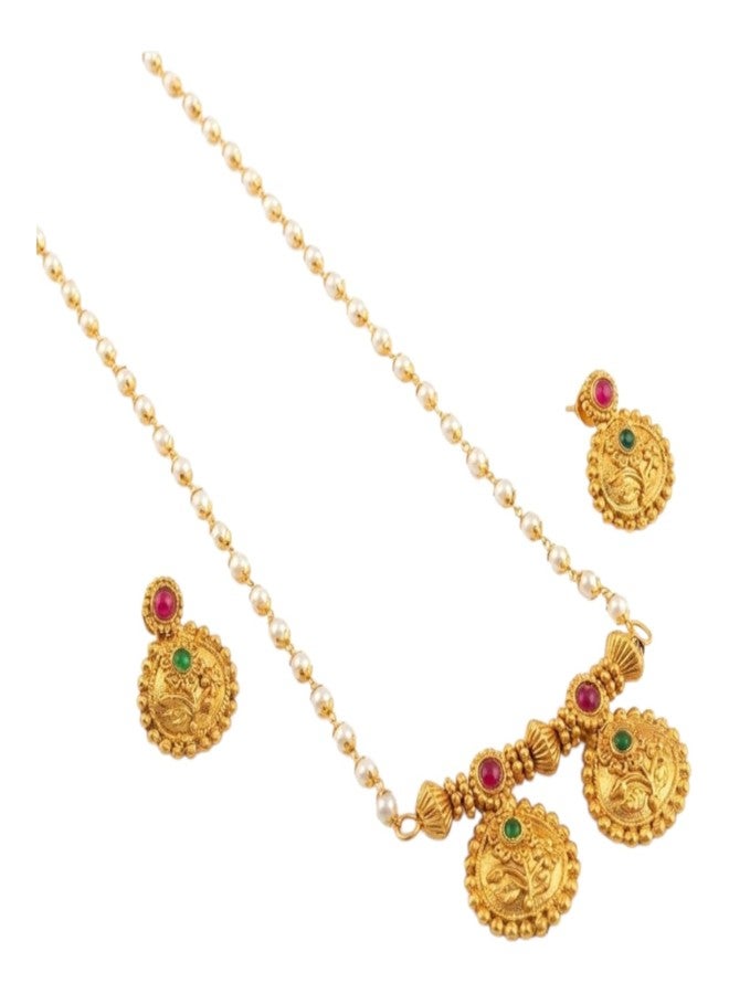 طقم عقد لؤلؤ تقليدي مطلي بالذهب من AAIKU بطول 30 بوصة | قلادة بسيطة بلمسة نهائية عتيقة غير لامعة مع أقراط متناسقة للنساء والفتيات، مجوهرات أنيقة - Image 1