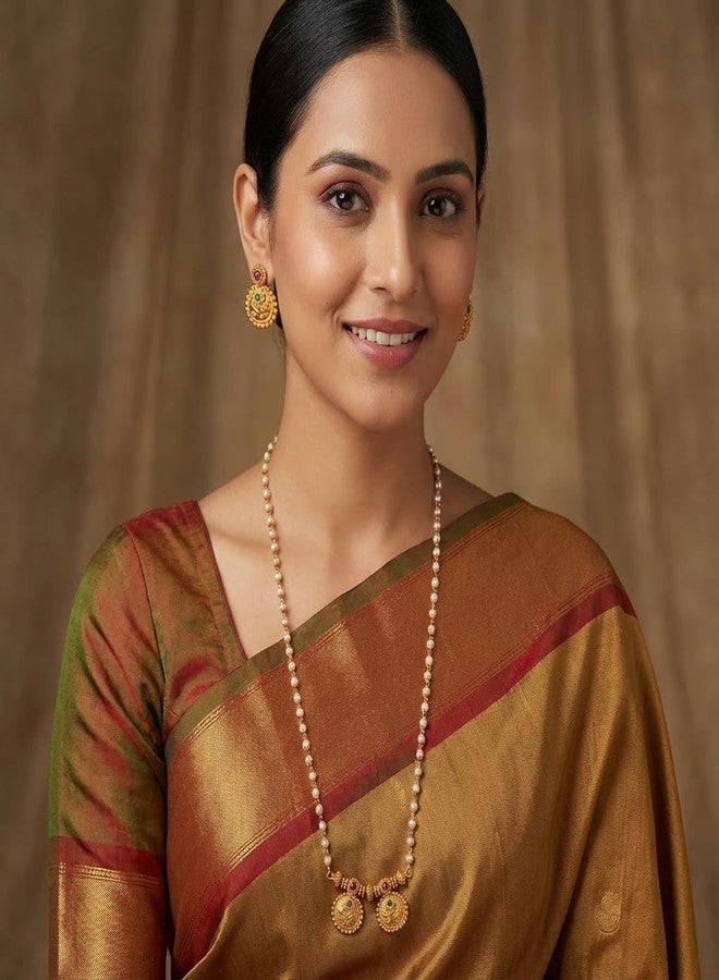 طقم عقد لؤلؤ تقليدي مطلي بالذهب من AAIKU بطول 30 بوصة | قلادة بسيطة بلمسة نهائية عتيقة غير لامعة مع أقراط متناسقة للنساء والفتيات، مجوهرات أنيقة - Image 2