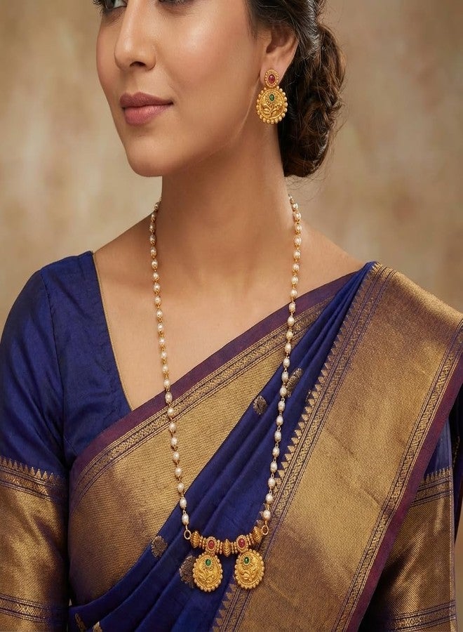 طقم عقد لؤلؤ تقليدي مطلي بالذهب من AAIKU بطول 30 بوصة | قلادة بسيطة بلمسة نهائية عتيقة غير لامعة مع أقراط متناسقة للنساء والفتيات، مجوهرات أنيقة - Image 4