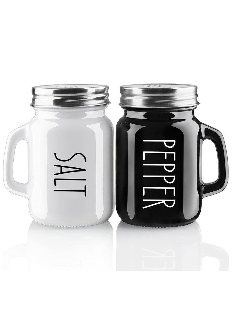 XiuWoo 2PC Salt and Pepper Shakers Set, 4 oz Cute Salt Pepper Shaker, Kitchen Decor for Home Restaurants Wedding, Glass Black White Shaker Sets with Stainless Steel Lids  - Image 1