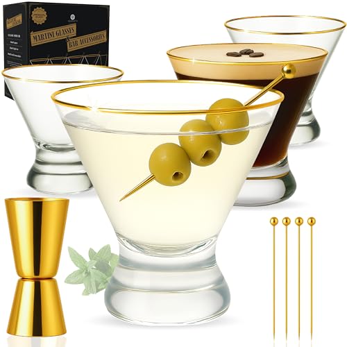 VEMACITY Stemless Martini Glasses Set of 4 HandApplied Gold Rim Includes Gold Jigger Picks Crystal Cocktail Glasses Bar Tools - Image 1