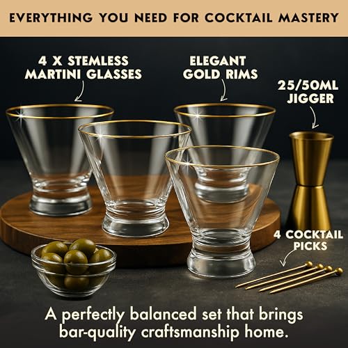 VEMACITY Stemless Martini Glasses Set of 4 HandApplied Gold Rim Includes Gold Jigger Picks Crystal Cocktail Glasses Bar Tools - Image 3