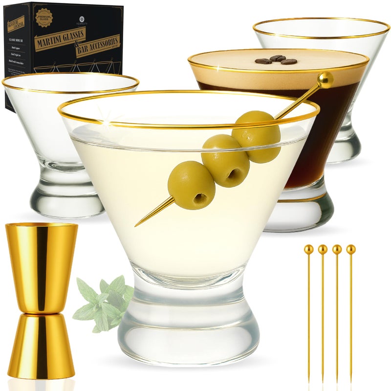 VEMACITY Stemless Martini Glasses Set of 4 HandApplied Gold Rim Includes Gold Jigger Picks Crystal Cocktail Glasses Bar Tools - Image 2