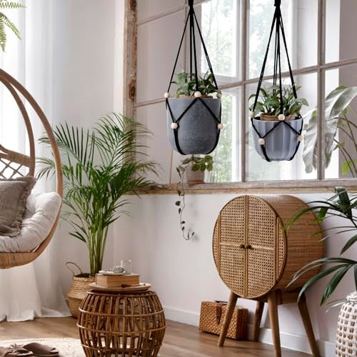 Artilady Black Hanging Planter for Indoor Plants Macrame Plant Hanger Large Hanging Plant Holder Basket with Adjustable Beads Outdoor Window Boho Plant Wall Decor (Black Bead-2pcs) - Image 2