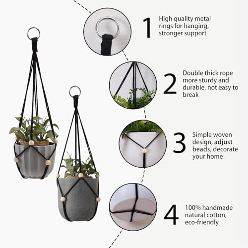 Artilady Black Hanging Planter for Indoor Plants Macrame Plant Hanger Large Hanging Plant Holder Basket with Adjustable Beads Outdoor Window Boho Plant Wall Decor (Black Bead-2pcs) - Image 3