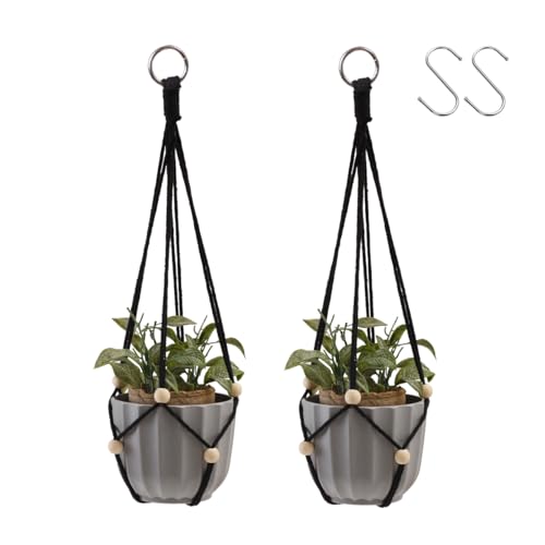 Artilady Black Hanging Planter for Indoor Plants Macrame Plant Hanger Large Hanging Plant Holder Basket with Adjustable Beads Outdoor Window Boho Plant Wall Decor (Black Bead-2pcs) - Image 1