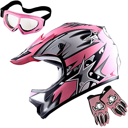 1Storm خوذة موتوكروس للشباب 1Storm BMX MX ATV خوذة دراجة نارية مات ستار وردي + نظارات + حزمة قفازات MG الشباب الوردية - Image 1