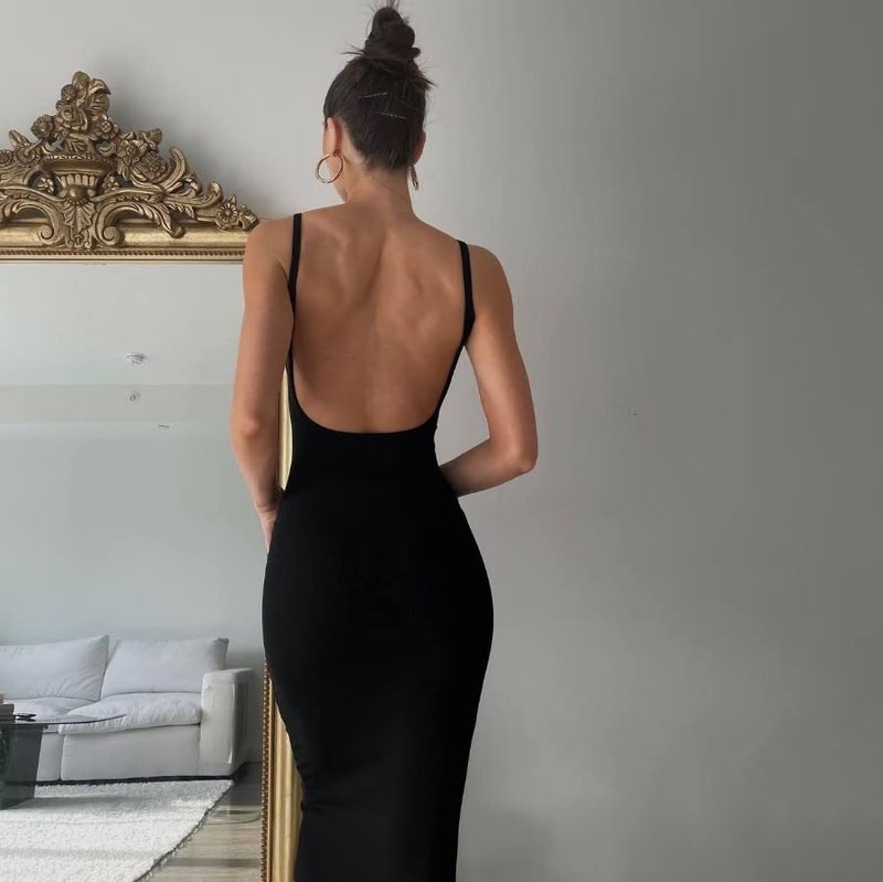 KMBANGI Women Backless Maxi Tank Dress Bodycon Sexy Open Back Hollow Long Dresses Sleeveless Elegant Cocktail Party Dress(Cami Black,M) - Image 3