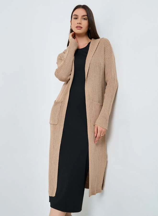 Take Two Beige Textured Knit Hooded Cardigan