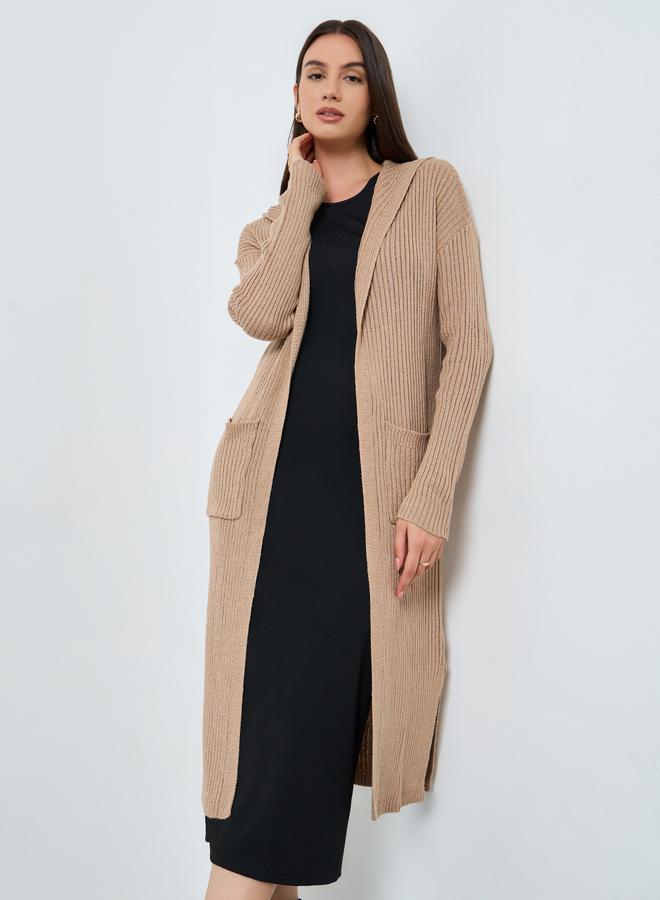Take Two Beige Textured Knit Hooded Cardigan - Image 1