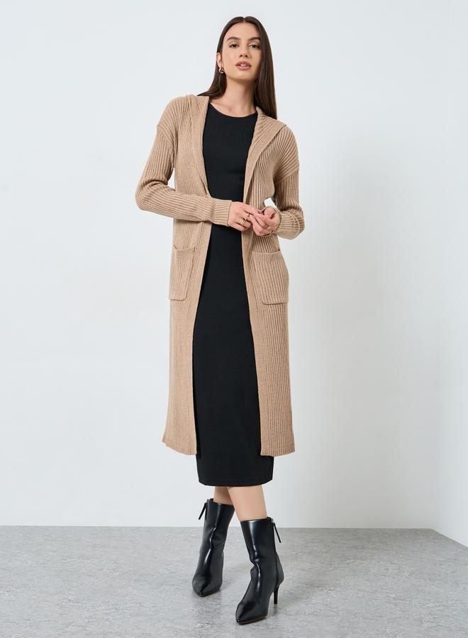 Take Two Beige Textured Knit Hooded Cardigan - Image 2