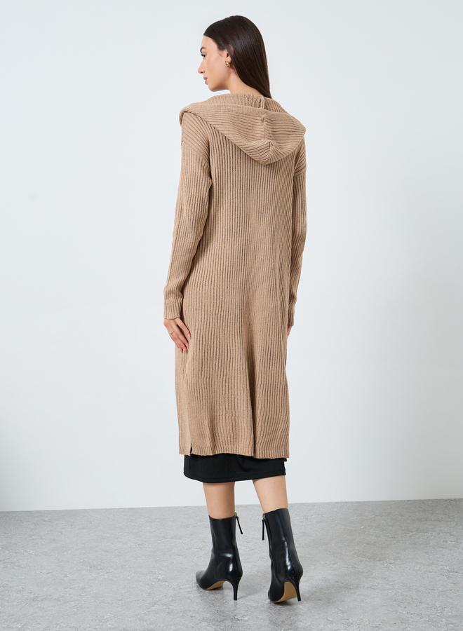 Take Two Beige Textured Knit Hooded Cardigan - Image 4