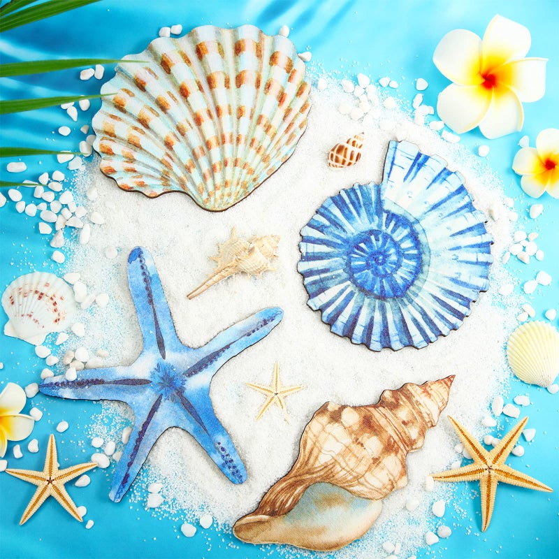 Yookeer 4 Pcs Beach Wall Decor, Wooden Seashell Starfish Wall Decoration, Ocean Coastal Nautical Decorative Art, Rustic Seaside Theme Art for Bathroom Living Room Bedroom Summer Home Decor Gift(Small) - Image 3