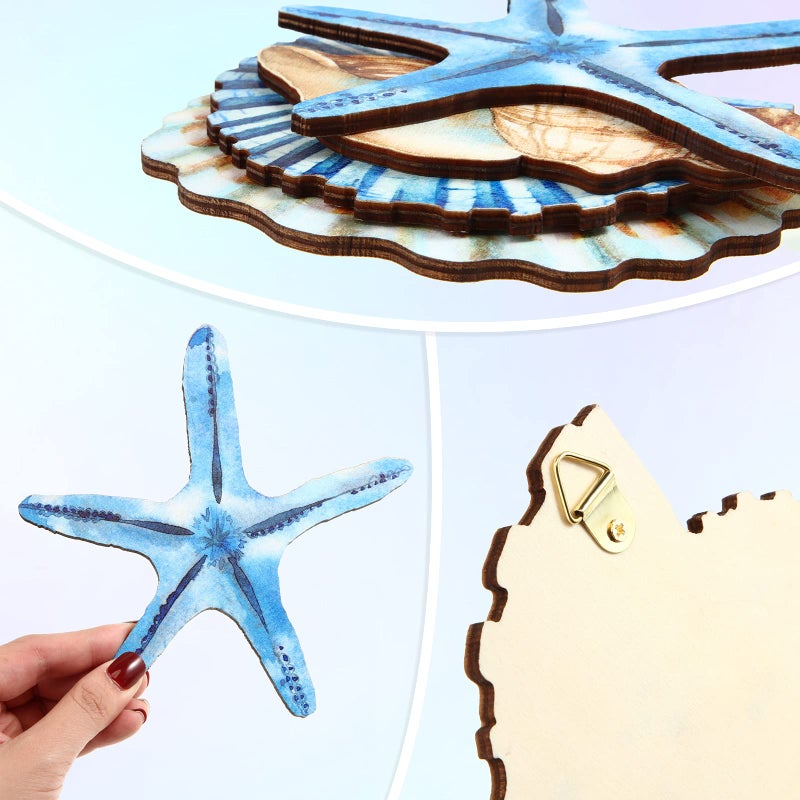 Yookeer 4 Pcs Beach Wall Decor, Wooden Seashell Starfish Wall Decoration, Ocean Coastal Nautical Decorative Art, Rustic Seaside Theme Art for Bathroom Living Room Bedroom Summer Home Decor Gift(Small) - Image 2