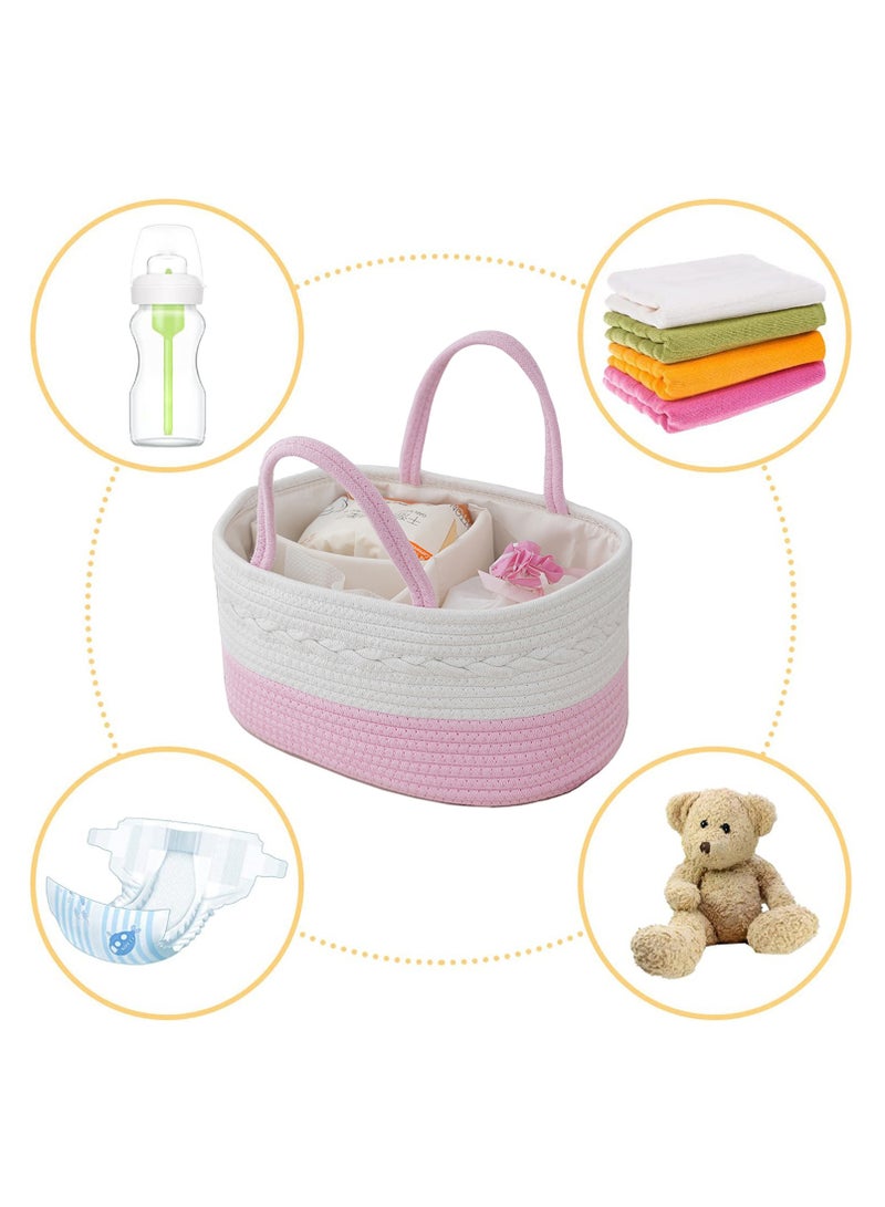 general Baby Nappy Caddy, Nappy Organiser, Nursery Bohemian cotton rope storage basket, Portable Car Organizer with Removable Inserts (White/Pink)  - Image 2