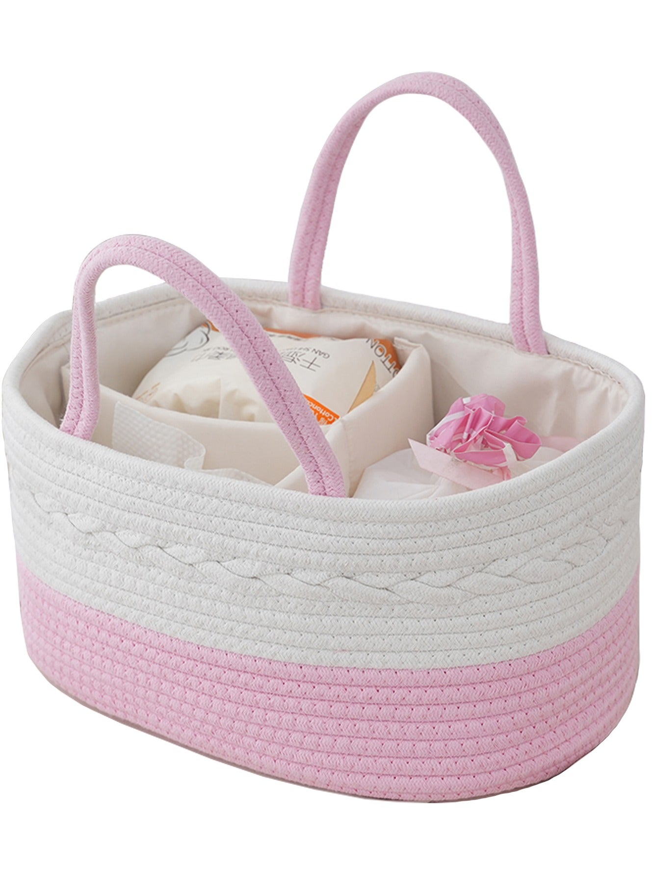 Baby Nappy Caddy, Nappy Organiser, Nursery Bohemian cotton rope storage basket, Portable Car Organizer with Removable Inserts (White/Pink)