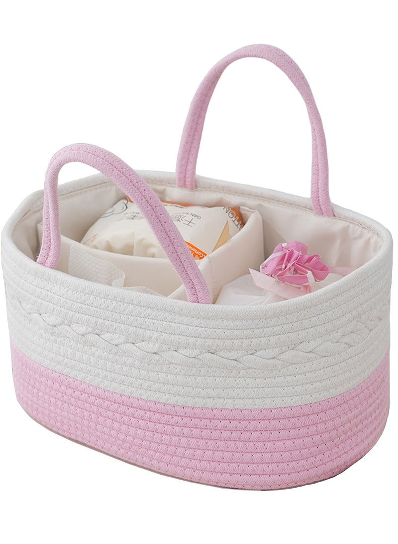 general Baby Nappy Caddy, Nappy Organiser, Nursery Bohemian cotton rope storage basket, Portable Car Organizer with Removable Inserts (White/Pink)  - Image 1