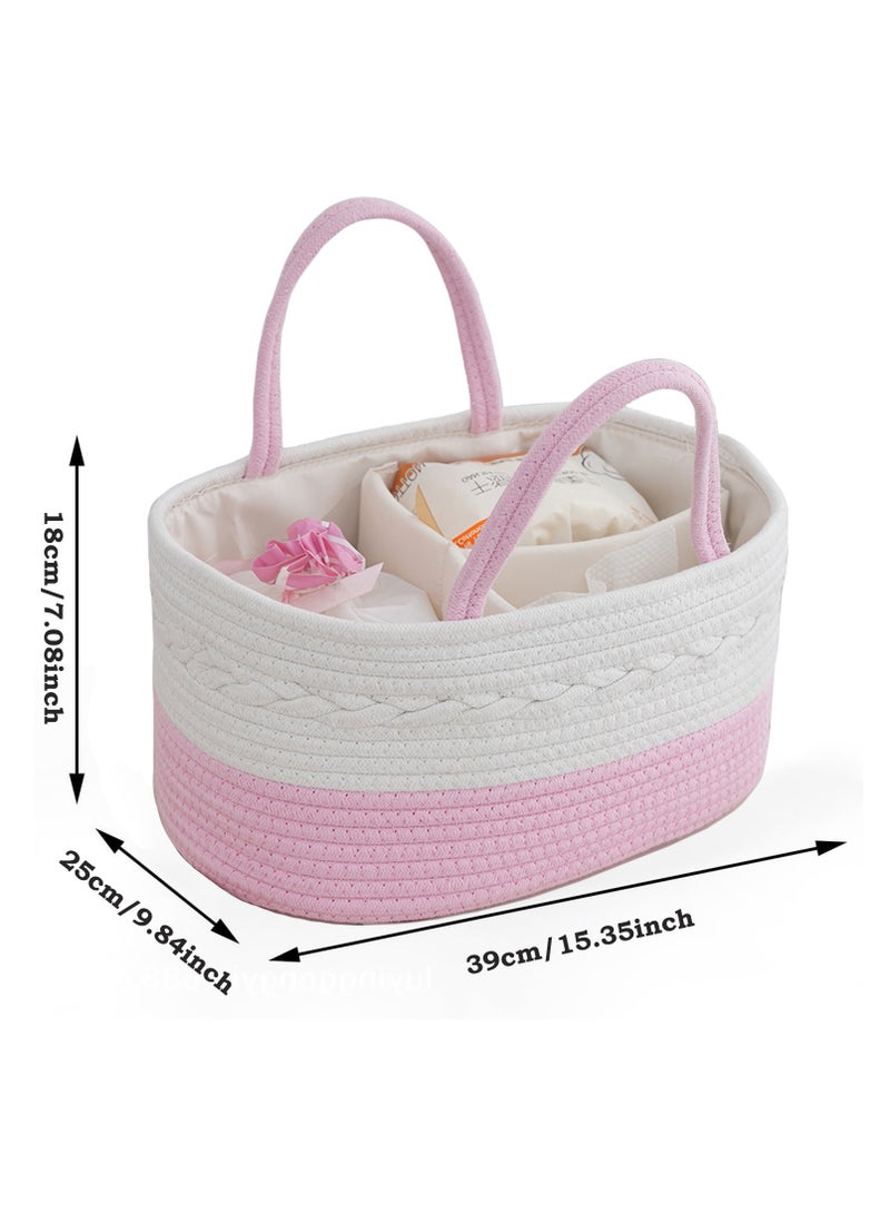 general Baby Nappy Caddy, Nappy Organiser, Nursery Bohemian cotton rope storage basket, Portable Car Organizer with Removable Inserts (White/Pink)  - Image 4