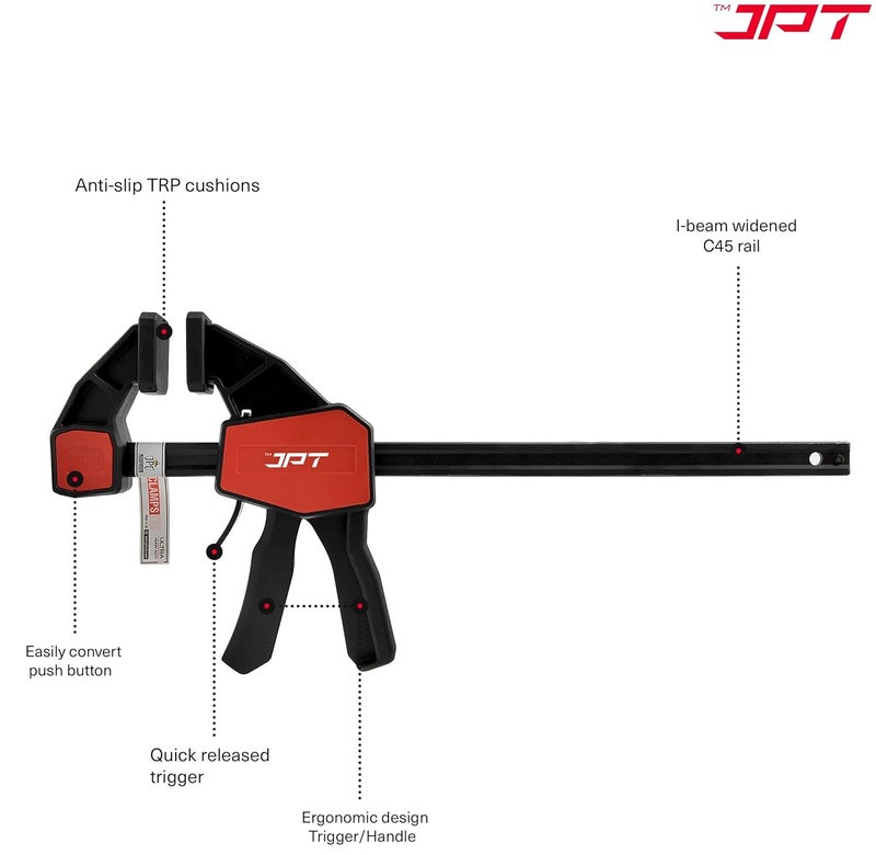 JPT Pro Series 18-Inch Quick-Grip Bar Clamps | 300mm Clamping Range | One-Handed Wood Clamps with Quick-Release Trigger | Heavy-Duty Spreader F-Clamp Set | 155 lbs Hold | Woodworking, Carpentry, DIY - Image 2