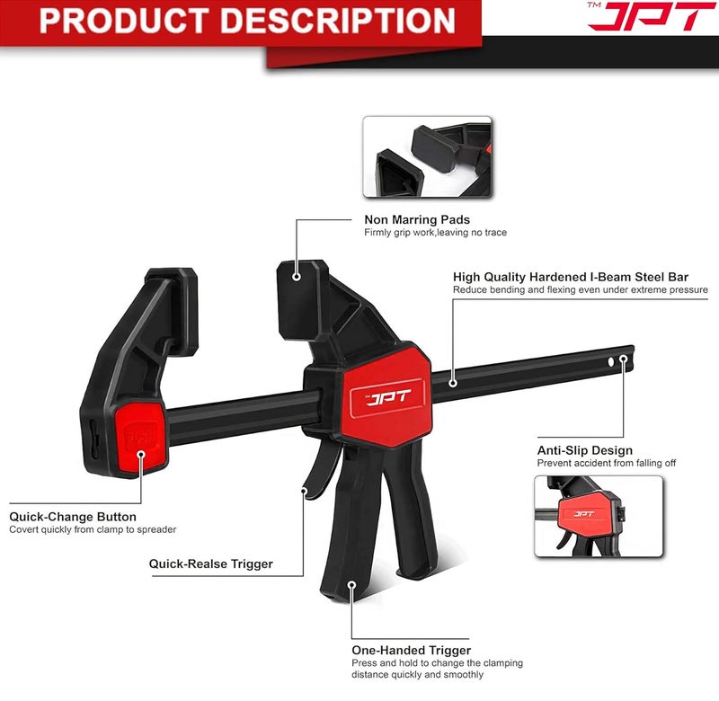 JPT Pro Series 18-Inch Quick-Grip Bar Clamps | 300mm Clamping Range | One-Handed Wood Clamps with Quick-Release Trigger | Heavy-Duty Spreader F-Clamp Set | 155 lbs Hold | Woodworking, Carpentry, DIY - Image 5