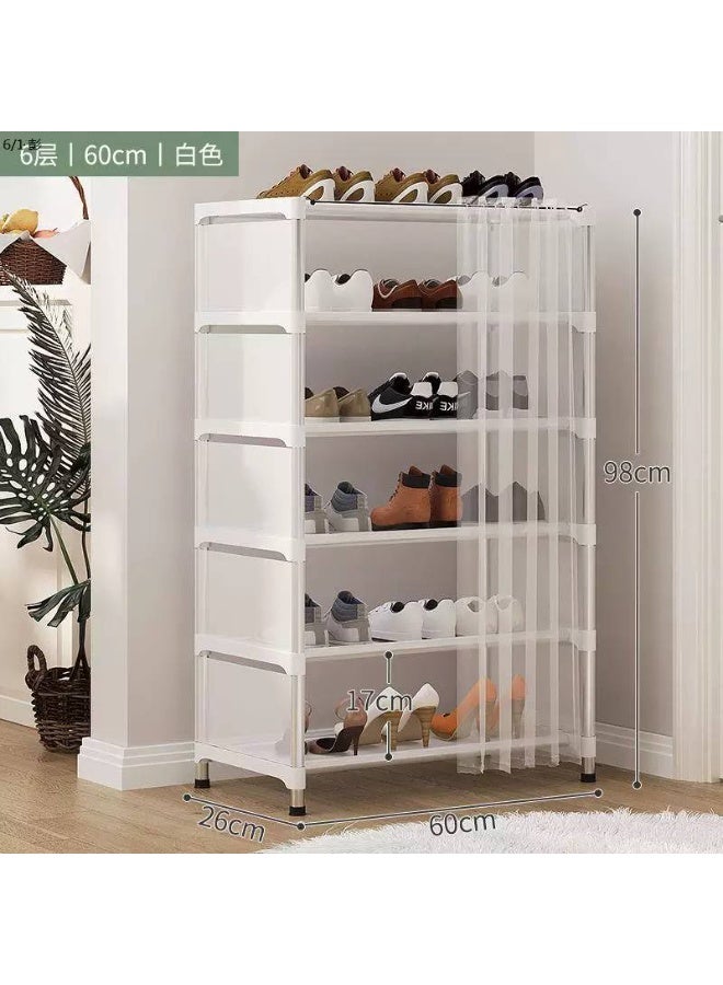 Shoe rack with linen cover, equipped with a plastic curtain for locking and unlocking, and plastic and metal legs. - Image 1