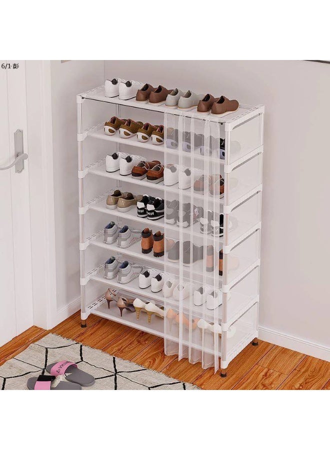 Shoe rack with linen cover, equipped with a plastic curtain for locking and unlocking, and plastic and metal legs. - Image 2
