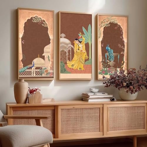 kotart - Traditional Indian Art Pichwai Wall Décor Paintings | Painting for wall Decoration | Madhubani Art Painting with Frame for Living Room set of 3 (10X19 INCH, B) - Image 1
