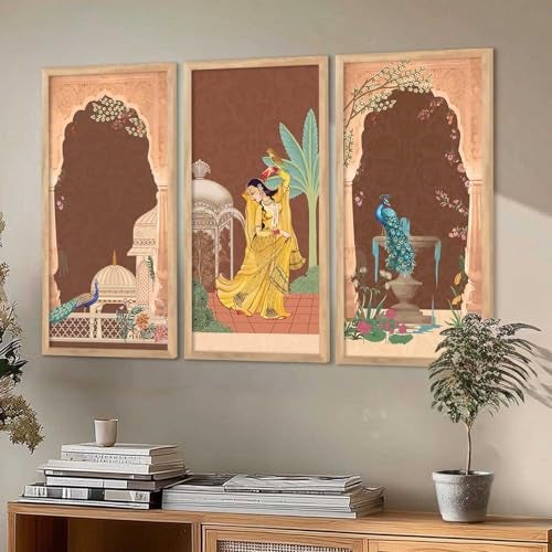 kotart - Traditional Indian Art Pichwai Wall Décor Paintings | Painting for wall Decoration | Madhubani Art Painting with Frame for Living Room set of 3 (10X19 INCH, B) - Image 5