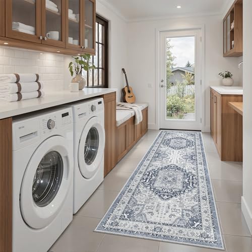 Madane Washable Runner Rug 2x6, Ultra-Thin Non-Slip Non-Shedding Hallway Runner, Stain Resistant Kitchen Mat Entryway Carpet Runner, Vintage Pet Friendly Low Pile Runners (2x6ft, Navy/White) - Image 2