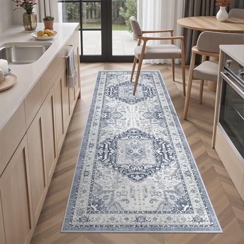 Madane Washable Runner Rug 2x6, Ultra-Thin Non-Slip Non-Shedding Hallway Runner, Stain Resistant Kitchen Mat Entryway Carpet Runner, Vintage Pet Friendly Low Pile Runners (2x6ft, Navy/White) - Image 3